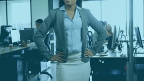 Businesswoman initiating office interface fade causing charts highlighting metrics smiling laughing. Technology, innovation, workspace, efficiency, professionalism, digital, corporate - Powered by Shutterstock - Get 15% off with code: PIKWIZARD15