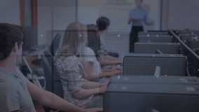 Students typing in school lab following pie chart overlay appearing and instructor gesturing. Educational, digital, collaborative, technology, innovation, data visualization, modern - Powered by Shutterstock - Get 15% off with code: PIKWIZARD15