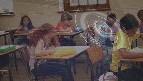 Students writing worksheets initiating animated graphs and HUD circles mapping learning progress. Educational, technology, innovation, classroom, creativity, digital, interface - Powered by Shutterstock - Get 15% off with code: PIKWIZARD15