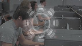 classmates typing at computers in tech lab, overlay fading in animating HUD code graph for analysis. Data visualization, digital interface, collaborative learning, technology education, modern - Powered by Shutterstock - Get 15% off with code: PIKWIZARD15