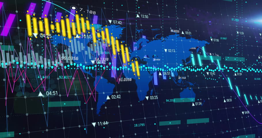 World map grid starting candlestick bars shifting and trend lines flowing showing live market feed. Finance, analytics, data visualization, dashboard, technology, investment, stock market