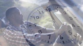 Automotive driver gripping wheel, driving winding road, clock overlay fading and marking time lapse. Vehicle, lifestyle, minimalism, adventure, scenic, leisure, outdoor - Powered by Shutterstock - Get 15% off with code: PIKWIZARD15
