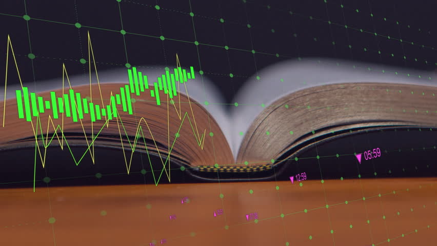 Opening wooden desk open book launching chart overlay trending down then rising showing recovery. Finance, analytics, data visualization, innovation, technology, business, growth - Powered by Shutterstock - Get 15% off with code: PIKWIZARD15