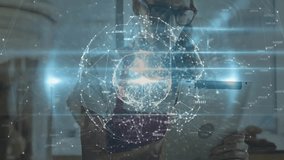 Home cook tilting tablet in kitchen, analyzing rotating holographic tech globe with pulsing data. Futuristic, innovation, connectivity, technology, digital, interface, modern - Powered by Shutterstock - Get 15% off with code: PIKWIZARD15