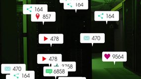 Notification icons emerging and drifting past server racks after cue, showing digital engagement. Technology, cybersecurity, digital, data, innovation, network, futuristic - Powered by Shutterstock - Get 15% off with code: PIKWIZARD15