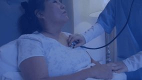 Doctor walking in and listening prenatal heartbeat while world map overlay rising tracking health. Healthcare, telemedicine, digital medicine, maternity, patient monitoring, medical technology, - Powered by Shutterstock - Get 15% off with code: PIKWIZARD15