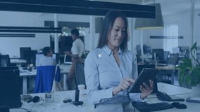 Office professional tapping tablet in office animating expanding data network for tech decisions. Collaboration, digital, connectivity, analysis, teamwork, modern, communication - Powered by Shutterstock - Get 15% off with code: PIKWIZARD15