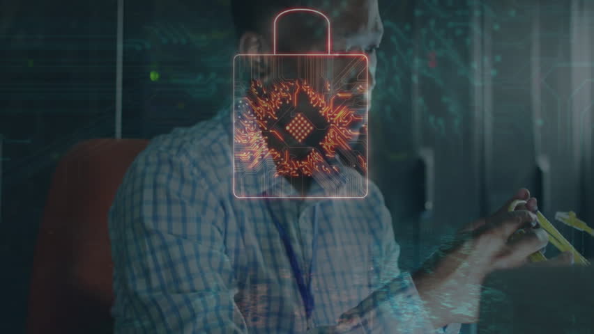 Technician lifting cables, inspecting connectors while ensuring network security with padlock icon. Cybersecurity, networkmaintenance, dataprotection, technology, professional, industrial, security - Powered by Shutterstock - Get 15% off with code: PIKWIZARD15
