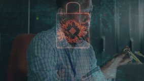 Technician lifting cables, inspecting connectors while ensuring network security with padlock icon. Cybersecurity, networkmaintenance, dataprotection, technology, professional, industrial, security - Powered by Shutterstock - Get 15% off with code: PIKWIZARD15