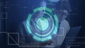 Woman glancing at smartphone and initiating code debugging with coworker on laptop as HUD animating. Technology, innovation, collaboration, digital, futuristic, workspace, data - Powered by Shutterstock - Get 15% off with code: PIKWIZARD15