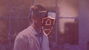 Lab researcher putting on VR headset testing security with shield counting to nine and lock forming. Futuristic, technology, innovation, cybersecurity, digital, immersive, interface - Powered by Shutterstock - Get 15% off with code: PIKWIZARD15