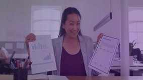 Business analyst woman holding charts at desk, activating animated graph highlighting trends. Data visualization, financial analysis, corporate, professional, innovative, digital, strategy - Powered by Shutterstock - Get 15% off with code: PIKWIZARD15