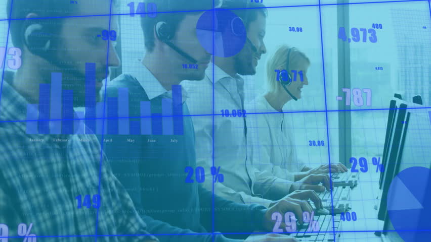 Donning headsets call center agents speaking, typing and watching animated graphs to track metrics. Collaboration, communication, productivity, analysis, technology, teamwork, modern - Powered by Shutterstock - Get 15% off with code: PIKWIZARD15