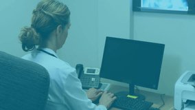 Doctor picking up phone and typing for patient monitoring with animated labels floating in clinic. Medical, professional, workspace, technology, data, digital, healthcare - Powered by Shutterstock - Get 15% off with code: PIKWIZARD15