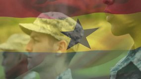 Soldiers standing on military field Ghana flag rising initiating camera panning and zooming in. Military, discipline, patriotism, unity, professionalism, resilience, strength - Powered by Shutterstock - Get 15% off with code: PIKWIZARD15