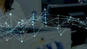 Lab scientist reaching into rack and lifting pink test tube examining sample with network overlay. Research, innovation, technology, analysis, digital, discovery, experimentation - Powered by Shutterstock - Get 15% off with code: PIKWIZARD15