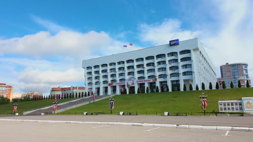 Vladimir, Russia - May 12, 2025: Vladimir Regional Administration. Banners in honor of the 80th anniversary of the victory in the Great Patriotic War. Spring morning