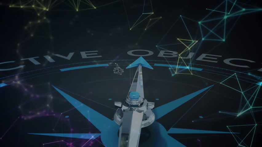 Opening rotating compass rose initiating arrow pivoting toward emerging GOAL label pulsing nodes. Digital, futuristic, sleek, abstract, innovation, technology, visualization