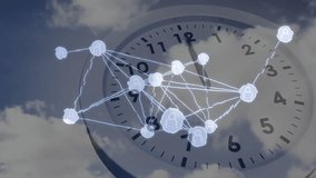 Analog clock face initiating glowing nodes and animating lines visualizing world map data flows. Technology, connectivity, globalization, network, communication, data, innovation - Powered by Shutterstock - Get 15% off with code: PIKWIZARD15