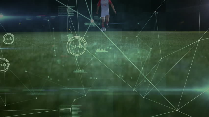 Futuristic AR overlay materializing and tracking dribbling soccer player for sports analytics. Sports, technology, nightlife, competition, innovation, motion, athleticism