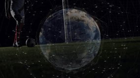 male soccer player tapping ball and kicking as technology globe forming over ball pulsing goalward. Athlete, stadium, night, digital, futuristic, sport, motion - Powered by Shutterstock - Get 15% off with code: PIKWIZARD15