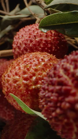 Dolly Slider Focus on Cluster of Lychees Hanging from Branches with Reflective Surface Below and Detailed Skin Texture in View.