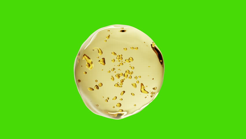 Golden serum drop with visible molecules and bubbles, isolated on green screen. Perfect for cosmetic product animations, beauty ads, and skincare visual presentations.