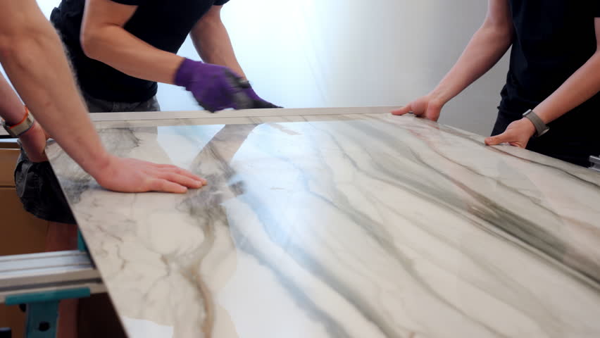 Professional construction workers cutting huge ceramic tile. 