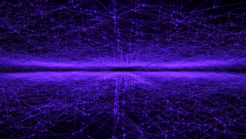 Purple plexus field made of illuminated dots and lines with moving camera and soft glow effect. Dark background for information technology, science and artificial intelligence visualization. 4K 30fps