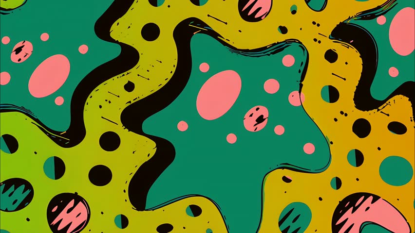 Psychedelic cartoon animation loop with funky dots, retro pop art vibes, and abstract stains. Ideal for bold motion graphics and eye-catching VJ loops.