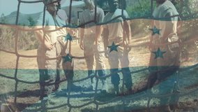 Military trainees nodding toward rope net obstacle and creating opening during training exercise. Adventure, teamwork, resilience, outdoor, training, physicality, discipline - Powered by Shutterstock - Get 15% off with code: PIKWIZARD15