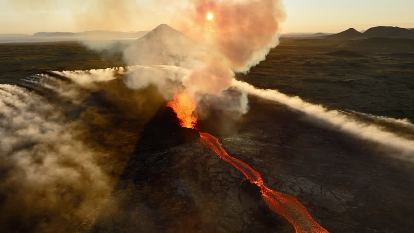 Volcano eruption in 2023, Red burning lava erupts from the ground in Iceland. Formation of a new active volcano. Aerial footage.
