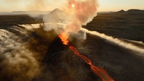 Volcano eruption in 2023, Red burning lava erupts from the ground in Iceland. Formation of a new active volcano. Aerial footage. - Powered by Shutterstock - Get 15% off with code: PIKWIZARD15
