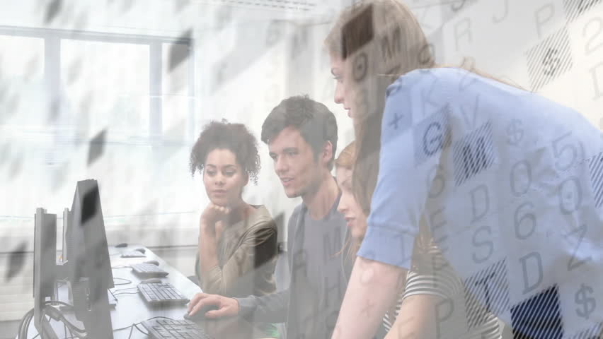 Male instructor pointing at monitor activating transparent timeline cycling through training years. Education, professional development, corporate training, digital timeline, curriculum, skills