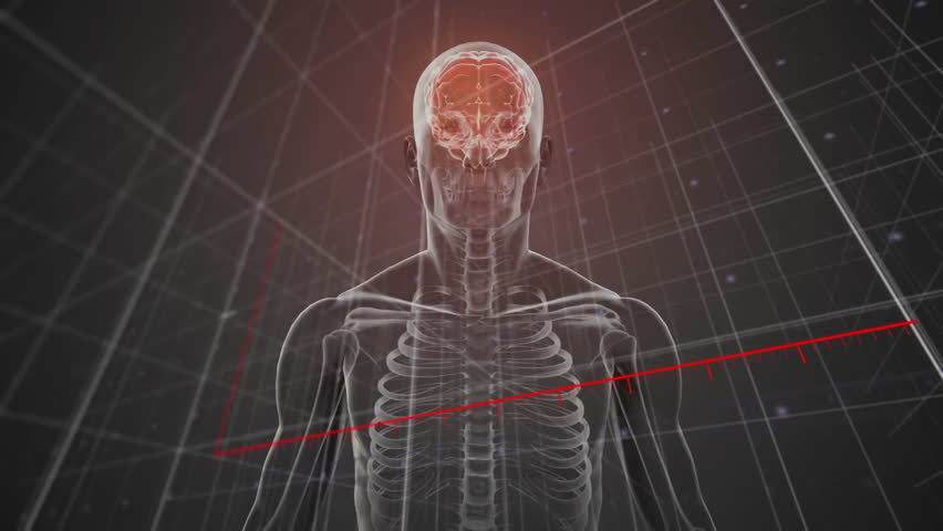 Skeleton getting red sweep starting bar growth, arrow rising to glowing brain while camera pivoting. Futuristic, data visualization, digital, innovation, technology, neural, analytics - Powered by Shutterstock - Get 15% off with code: PIKWIZARD15