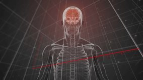 Skeleton getting red sweep starting bar growth, arrow rising to glowing brain while camera pivoting. Futuristic, data visualization, digital, innovation, technology, neural, analytics - Powered by Shutterstock - Get 15% off with code: PIKWIZARD15