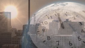 Sun rising starting Earth fading and rotating while clock hands advancing over city skyline. Urban, skyline, dawn, sunrise, navigation, technology, innovation - Powered by Shutterstock - Get 15% off with code: PIKWIZARD15