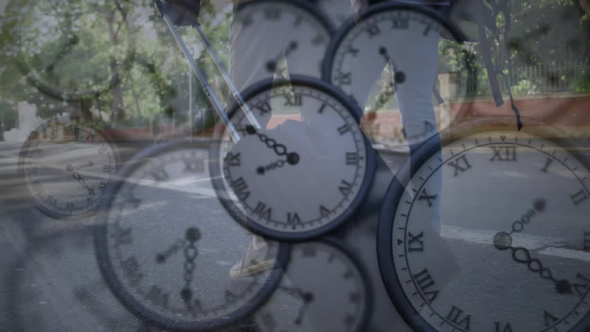 Translucent clocks revealing sidewalk as male traveler pulling suitcase across street tracking time. Urban, travel, time, aftermath, motion, connectivity, transit