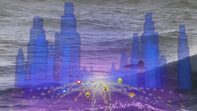 Reaction icons pulsing golden trails, shifting bars, surfer paddling through social media wave. Futuristic, dynamic, abstract, energetic, digital, sport, technology - Powered by Shutterstock - Get 15% off with code: PIKWIZARD15