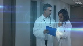 Female physician pointing clipboard activating network overlay linking doctors for medical review. Medical, collaboration, digital, healthcare, diagnostic, technology, teamwork - Powered by Shutterstock - Get 15% off with code: PIKWIZARD15