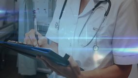 Female doctor writing on clipboard and initiating network overlay while studying medical data. Medical, healthcare, digital, technology, professional, clinical, connection - Powered by Shutterstock - Get 15% off with code: PIKWIZARD15