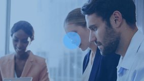 3 colleagues typing under translucent business network mesh forming as blue gauge icon fading in. Collaboration, technology, networking, urban, businessman, professional, digital - Powered by Shutterstock - Get 15% off with code: PIKWIZARD15