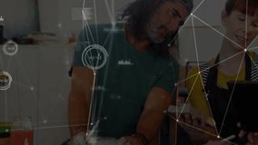 Cafe staff pointing tablet coworker scrolling data, colleague joining and team syncing smartphone. Collaboration, teamwork, modern, business, communication, innovation, workspace - Powered by Shutterstock - Get 15% off with code: PIKWIZARD15