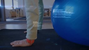 Senior woman pressing forearms on fitness ball, shifting weight, revealing code and hologram sphere. Fitness, wellness, digital, hologram, exercise, rejuvenation, technology - Powered by Shutterstock - Get 15% off with code: PIKWIZARD15