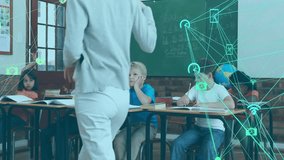 Teacher entering classroom pointing chalkboard then handing worksheets while overlay animating. Education, classroom, learning, digital, teaching, students, interaction - Powered by Shutterstock - Get 15% off with code: PIKWIZARD15