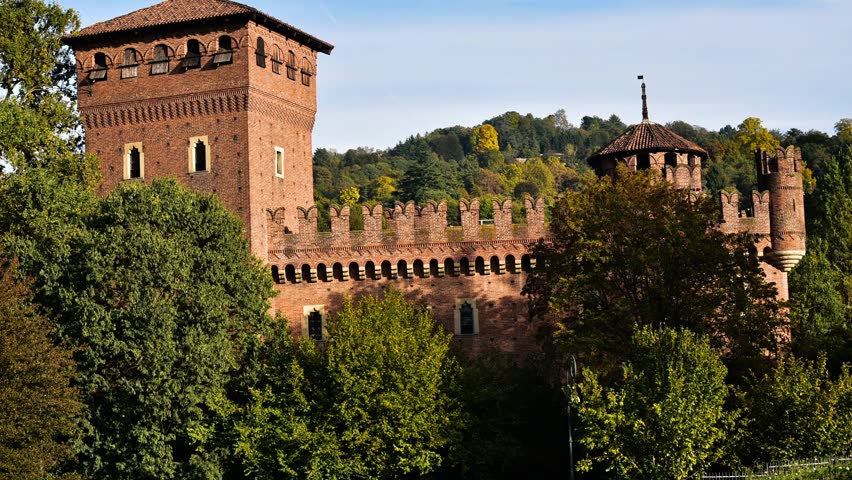 Sunset over the medieval village in the Valentino Park in Torino.