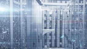 Upon overlay appearing server racks framing corridor pulsing with lights visualizing network fusion. Technology, infrastructure, cybersecurity, digital, connectivity, futuristic, innovation - Powered by Shutterstock - Get 15% off with code: PIKWIZARD15