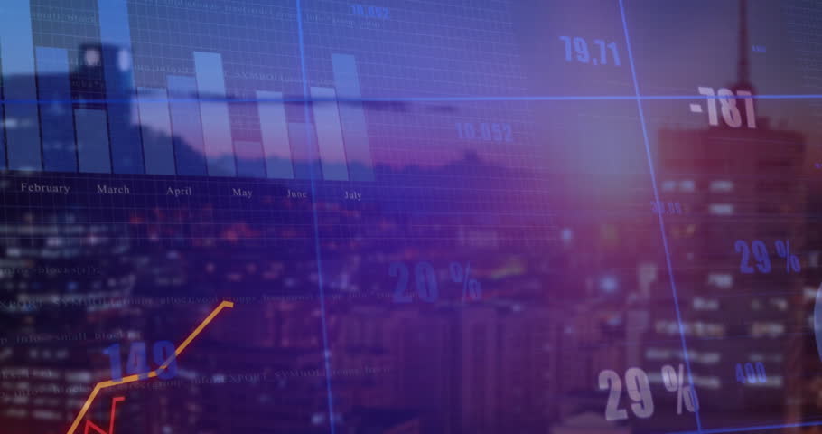 Bar chart fading in starting orange and red lines drawing values representing market trends at dusk. Finance, analytics, data visualization, digital, urban, futuristic, growth