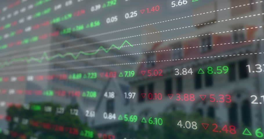 At start finance overlay showing tickers, arrows, line chart updating market trends with blur. Financial, analytics, data, technology, investment, stock, business