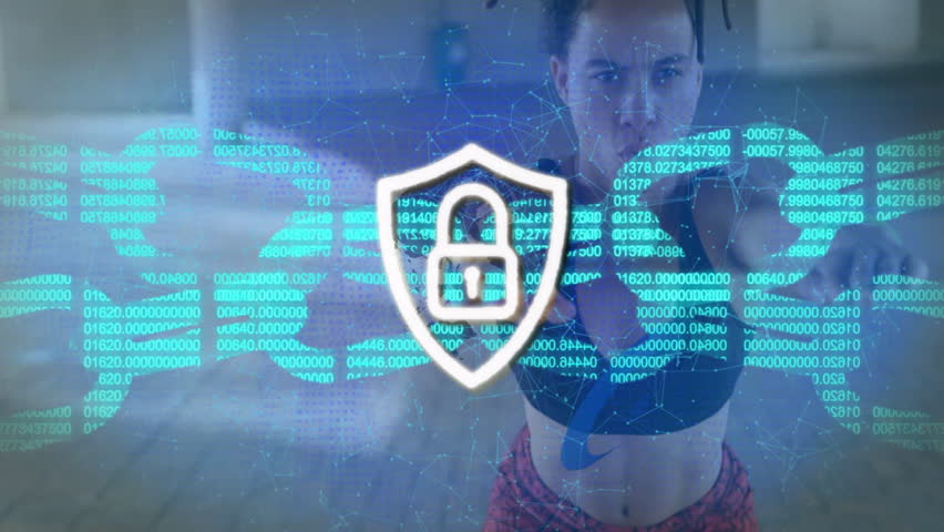 Woman initiating push-ups in fitness studio powering padlock shield glitching code while punching. Fitness, technology, cybersecurity, motion, digital, modern, health